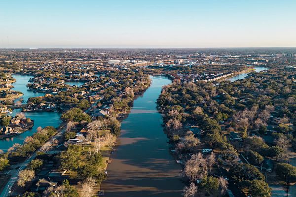 Aerial Photos of the waterways of near the historic Imperial Sugar Factory Sugarland, Texas.