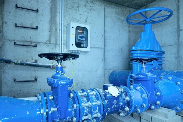 Large blue city potable water pipeline in concrete shafts with large valve.